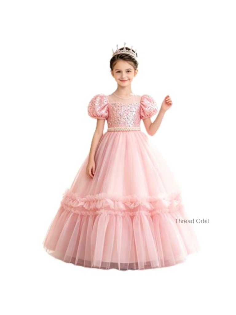 Girls Puff Sleeve Tulle Princess Dress With Pearl Belt Sequin Bodice